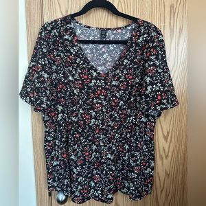 🍉 SHEIN curve peplum top, black with red white & green floral print, EUC 2X